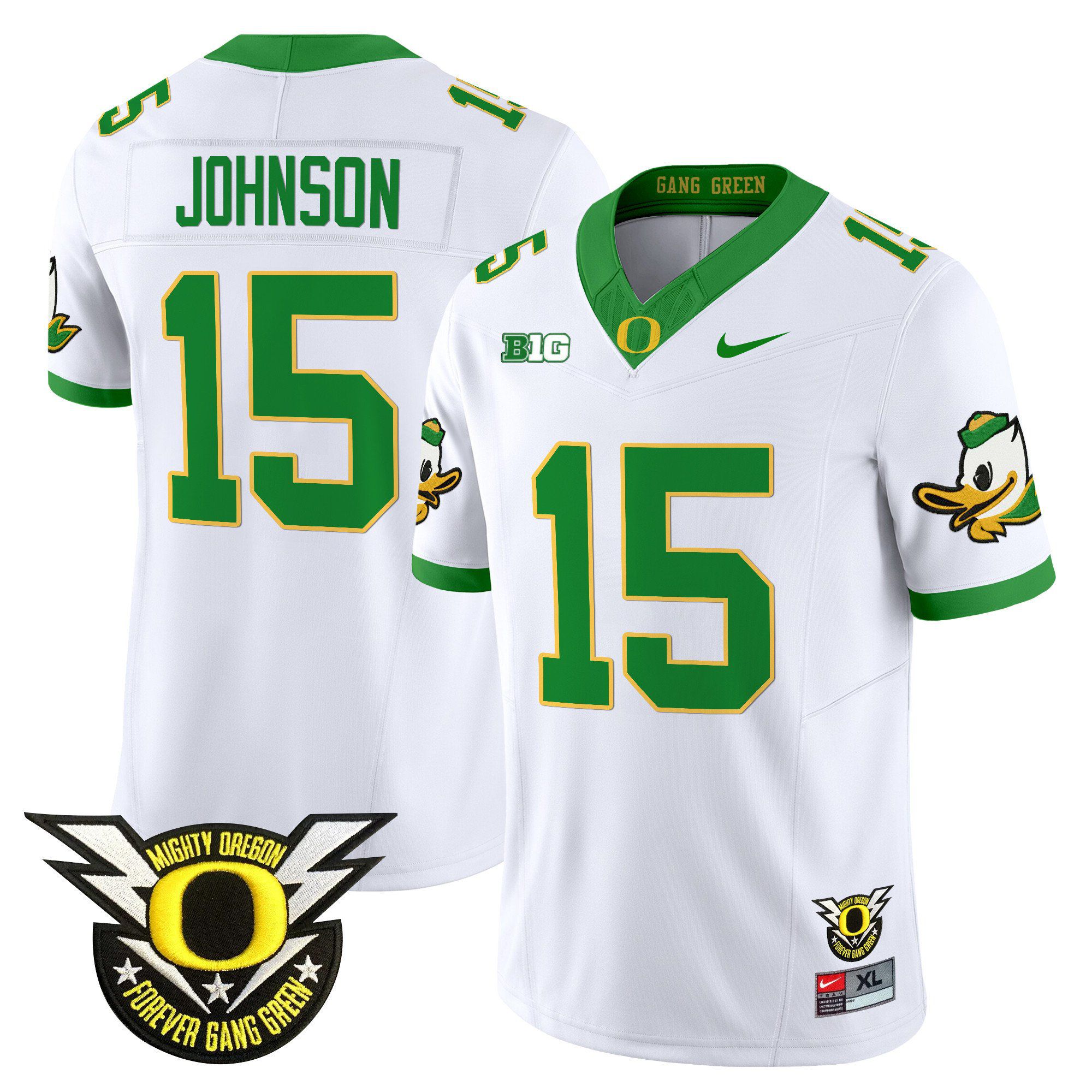 Men Oregon Ducks #15 Johnson White 2024 Nike Forever Gang Green & BIG Patch Vapor Limited NCAA Jersey